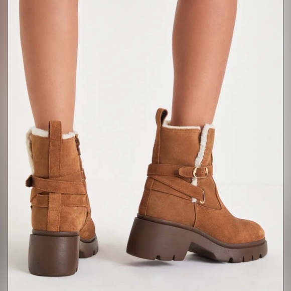 Steve Madden Colletta lug-sole buckle booties camel suede faux-fur lining Fall - Picture 3 of 15